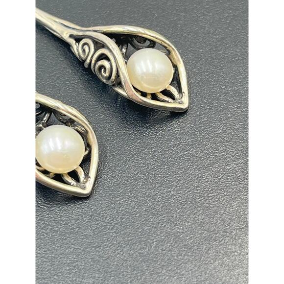 Sterling Silver .925 Calla Lily White Pearl Drop Dangle Pierced Earrings - Picture 10 of 11